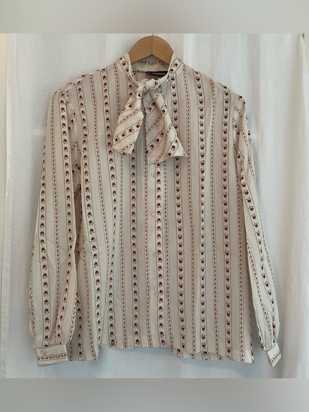 Russ Cream and Brown Tie-Neck Blouse with striped floral motif